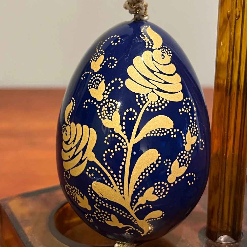 Vintage Hand painted Blue Glass With Gold Flowers Christmas Ornament